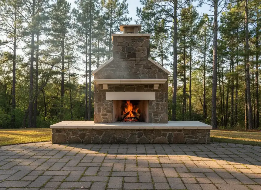 Freestanding fieldstone outdoor fireplace with a cast stone mantel on a paver patio