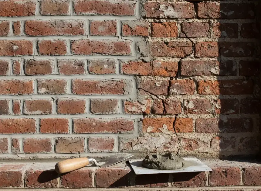 Red brick wall with freshly repointed joints beside weathered, recessed mortar